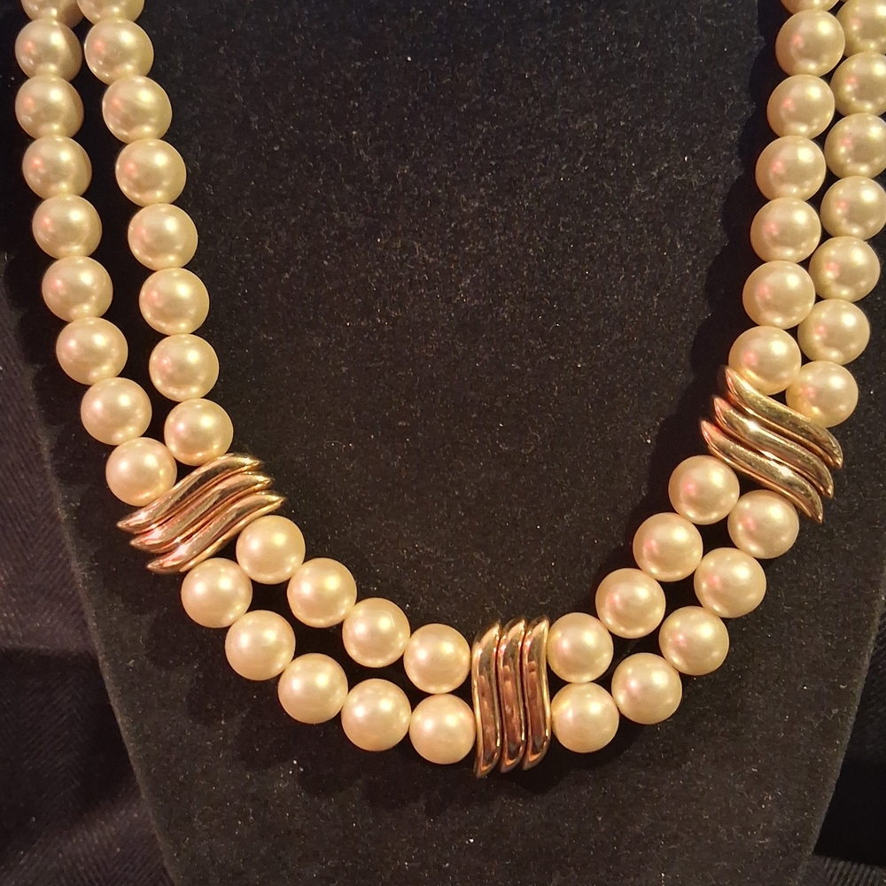 Napier Ivory Pearl Double-Strand 16" Necklace with Gold Wave Accents